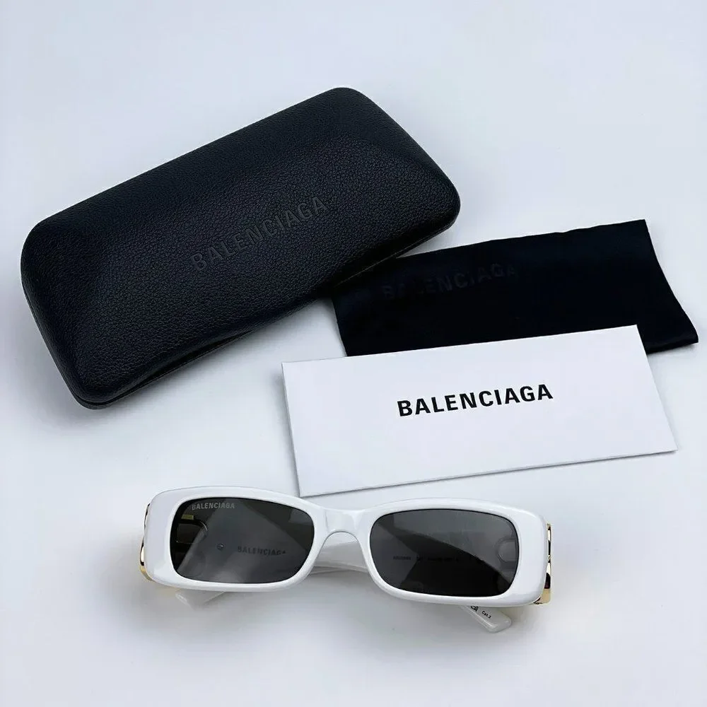 SALE! NEW Balenciaga BB0096S 011 White Gold Grey Rectangle Unisex Sunglasses